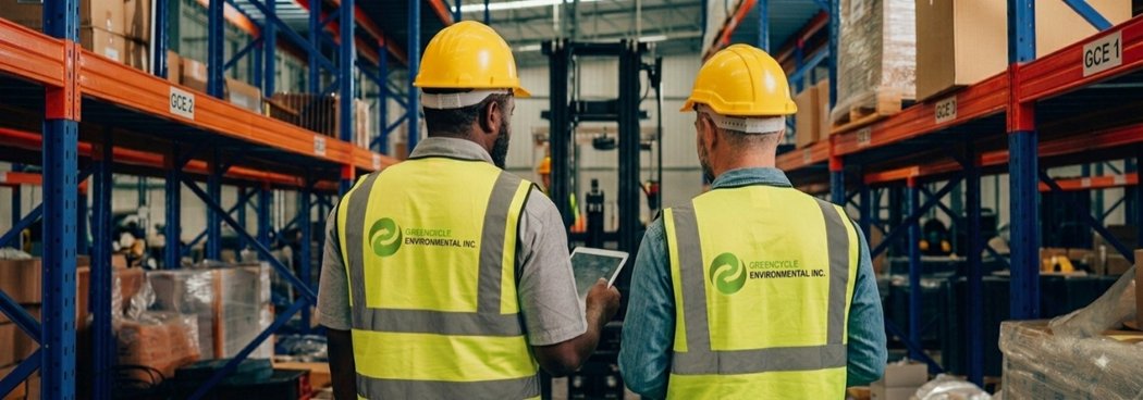 Two GreenCycle Environmental team members in safety vests walking through a warehouse